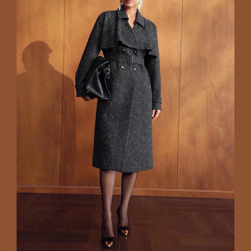 Charcoal Gray Speckled Tweed Belted Cape Collar Midi Trench Coat